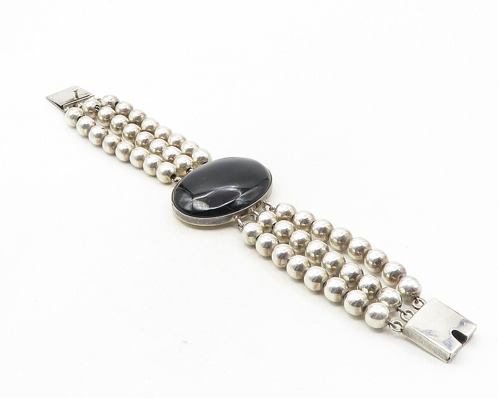 MEXICO 925 Silver  Vintage Black Onyx Shiny Ball Beaded Chain Bracelet  BT4177