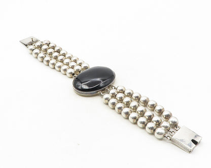 MEXICO 925 Silver  Vintage Black Onyx Shiny Ball Beaded Chain Bracelet  BT4177
