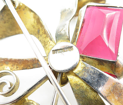 925 Sterling Silver  Vintage Pink Topaz Bow Tied Ribbon Brooch Pin  BP2596