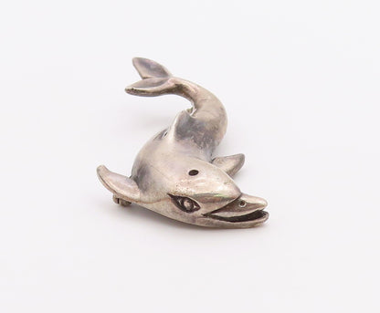 MEXICO 925 Sterling Silver  Vintage Dark Tone Dolphin Motif Brooch Pin  BP3281