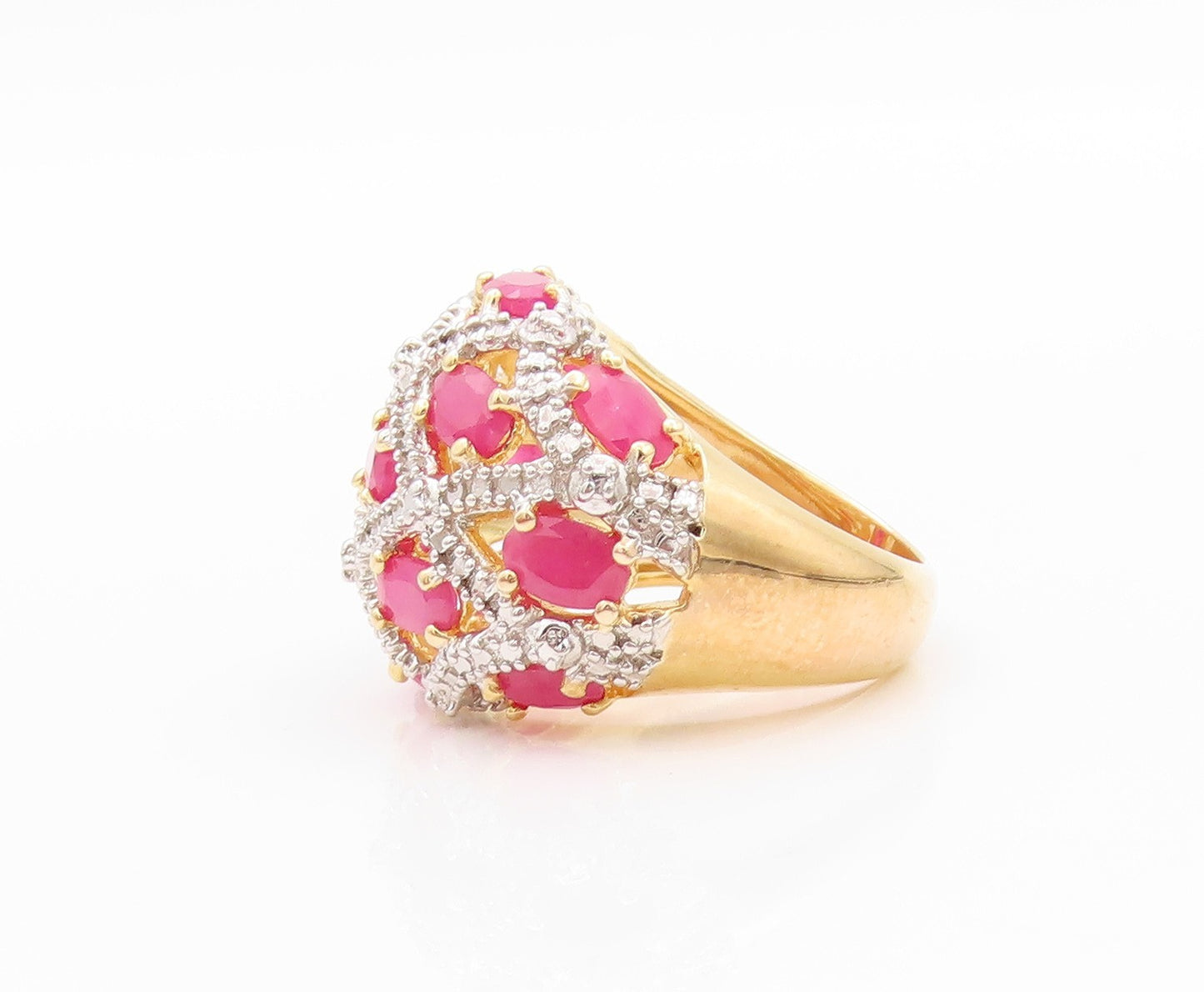 925 Sterling Silver Vintage Ring Gold Plated Oval Cut Ruby & CZ  Sz 5  RG32411