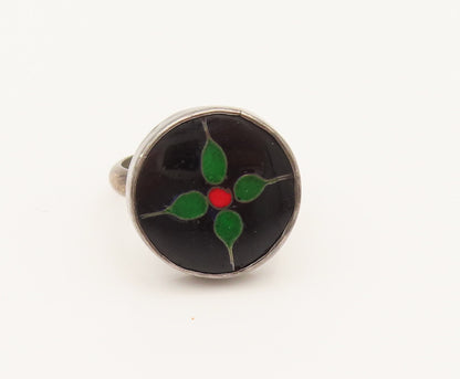 925 Sterling Silver  Vintage Floral Enamel Round Ring Sz 4.5  RG26267