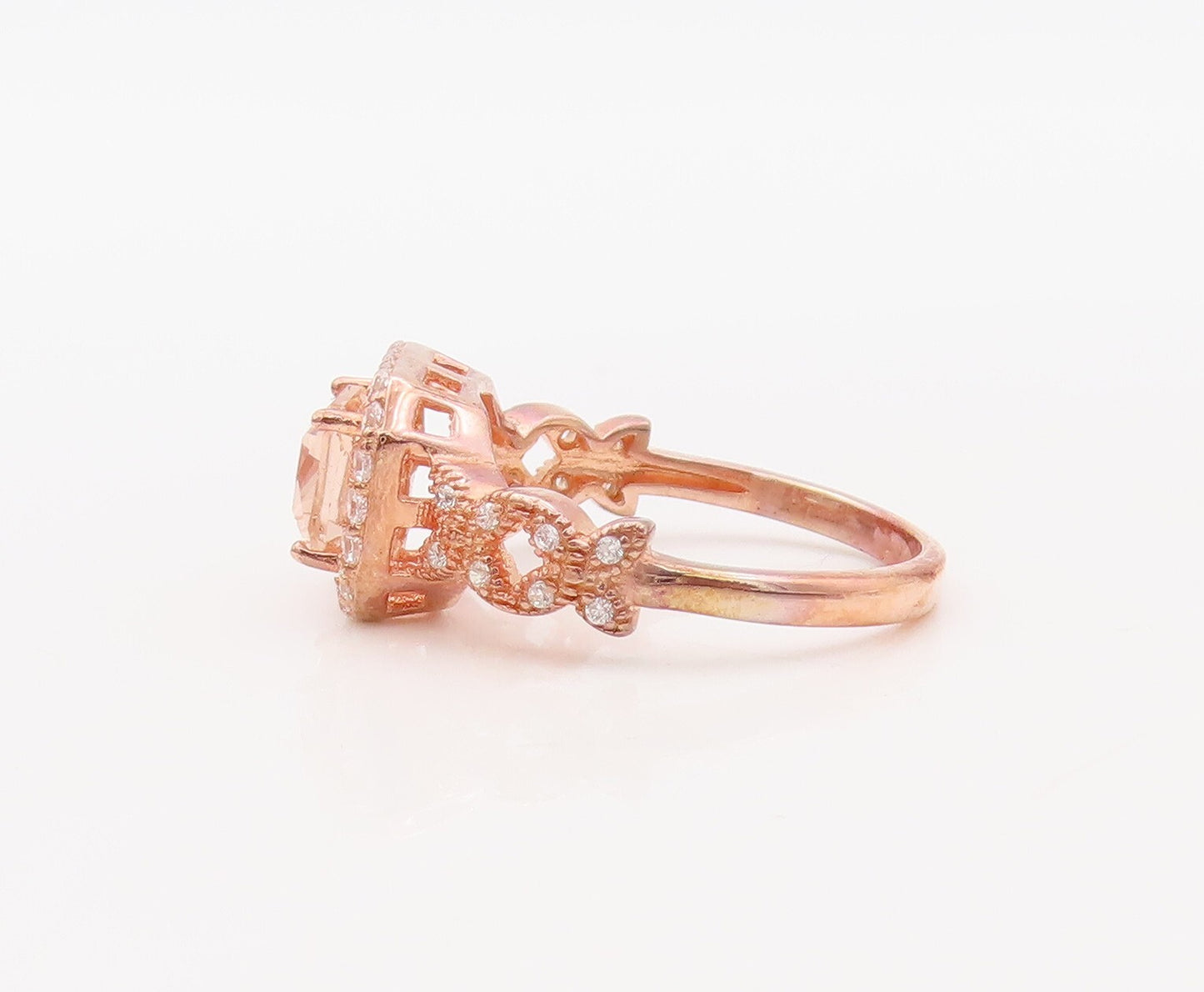 925 Sterling Silver Vintage Ring Rose Gold Plated Morganite & CZ Sz 7  RG30635