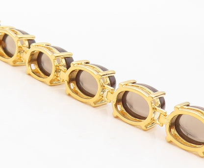 925 Sterling Silver Vintage Bracelet Gold Plated Cabochon Smoky Quartz  BT10776
