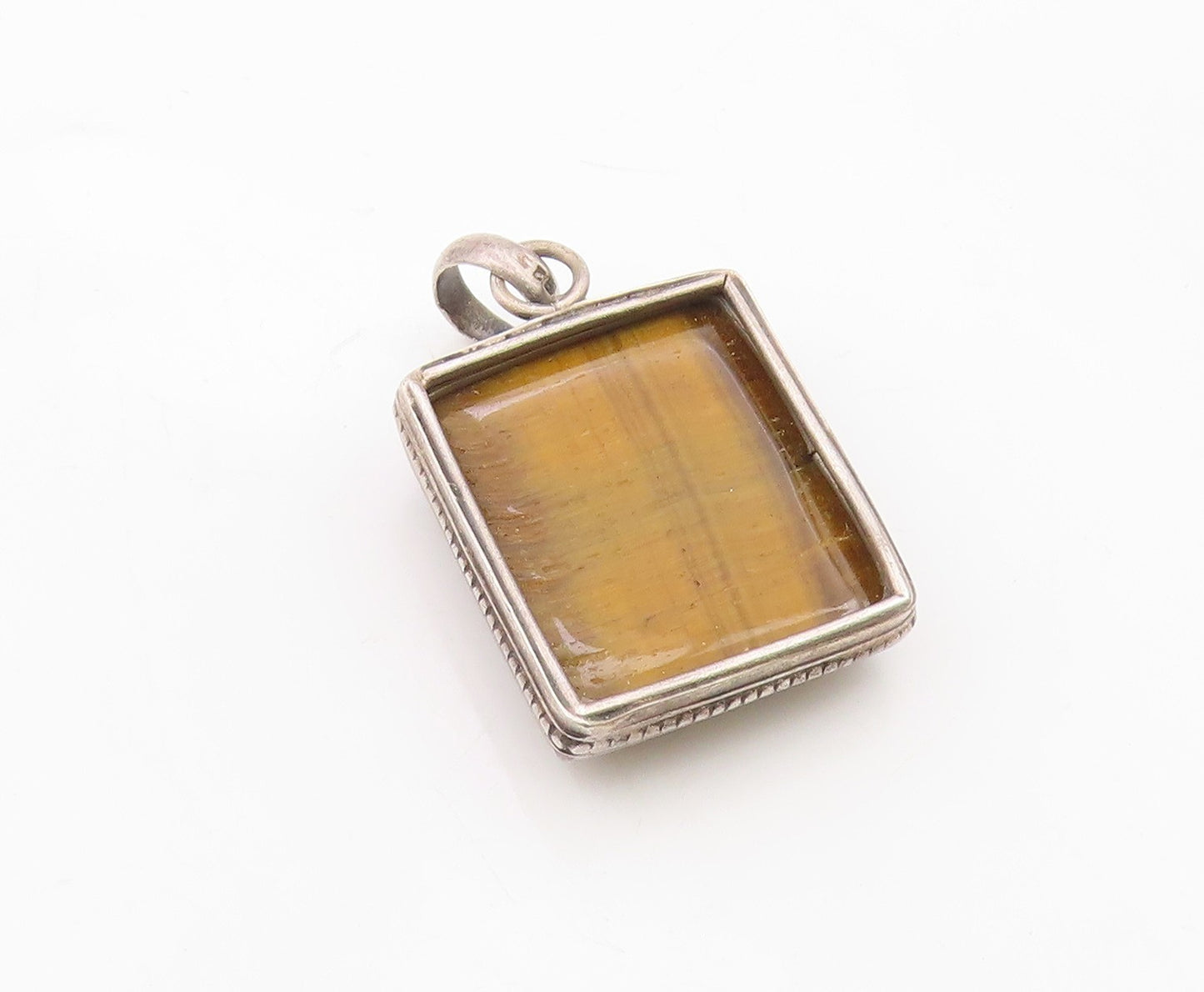 925 Sterling Silver  Vintage Cabochon Cut Tiger's Eye Square Pendant  PT12176