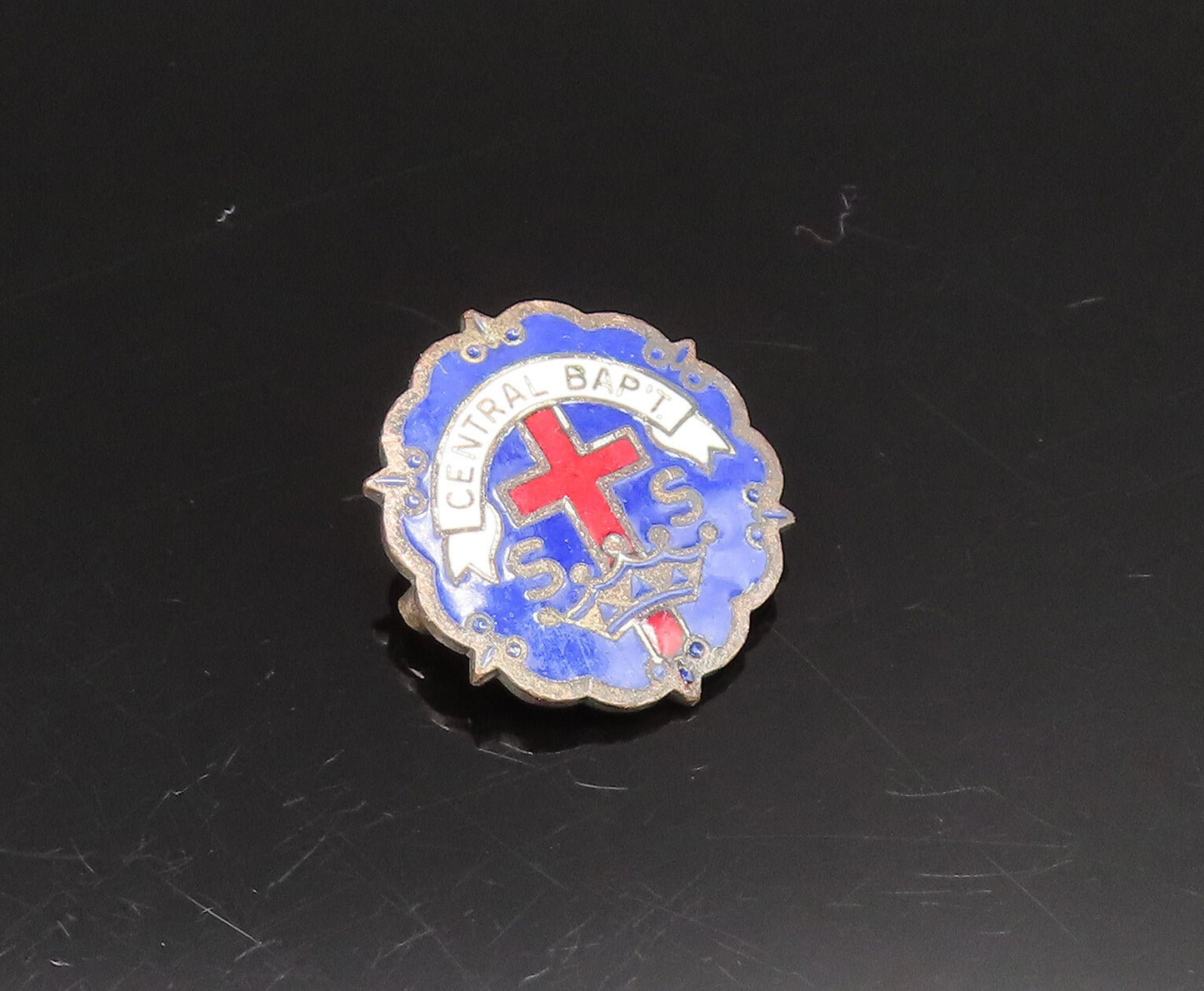 925 Sterling Silver  Vintage Antique Enamel Central Baptist Brooch Pin  BP9559