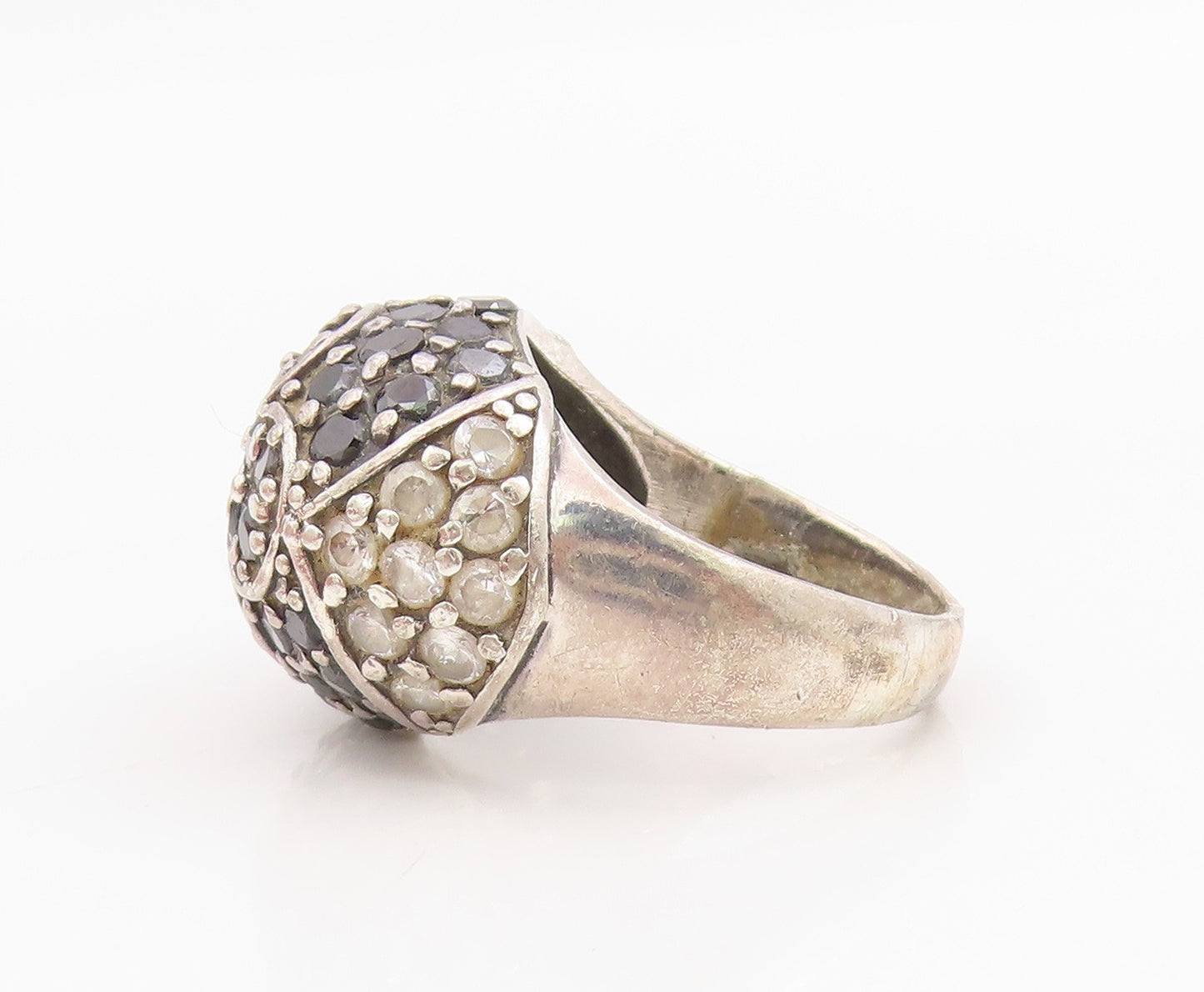 925 Sterling Silver Vintage Ring White & Black CZ Cluster Dome  Sz 8.5  RG34195