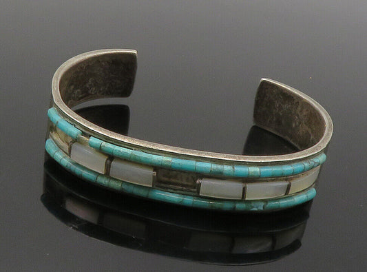 ZUNI 925 Silver  Vintage Mother Of Pearl & Turquoise Cuff Bracelet  BT5731