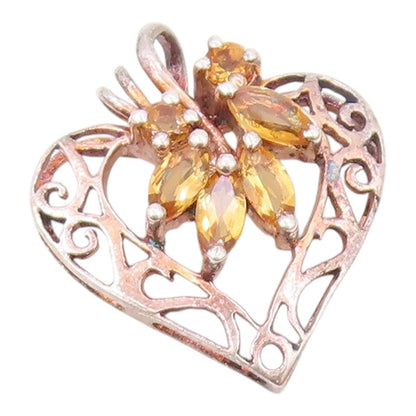 925 Sterling Silver  Vintage Open Love Heart Citrine Leaves Pendant  PT20091