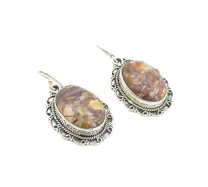 925 Sterling Silver  Vintage Cabochon Cut Brown Jasper Dangle Earrings  EG3724