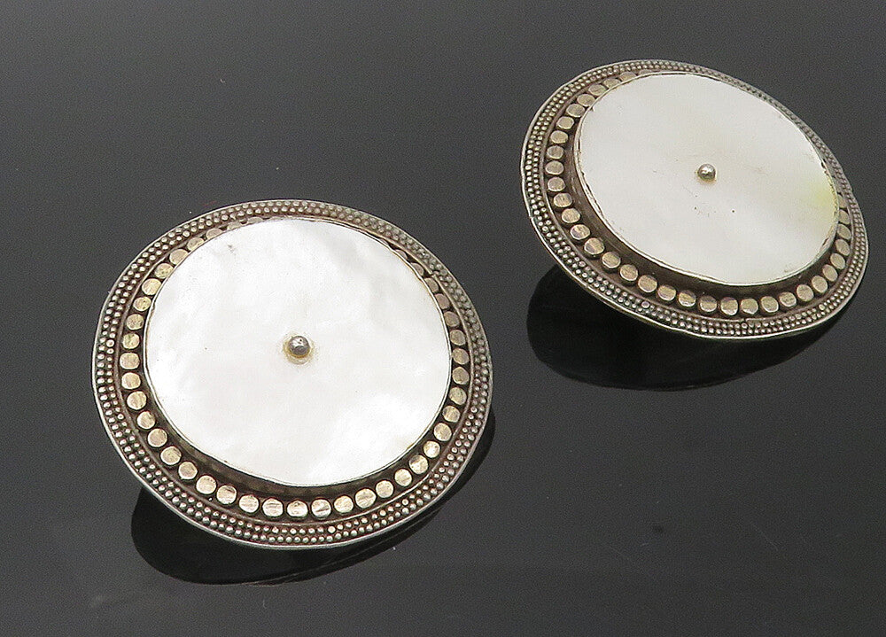 BALI 925 Sterling Silver  Vintage Mother Of Pearl Button Drop Earrings  EG5655