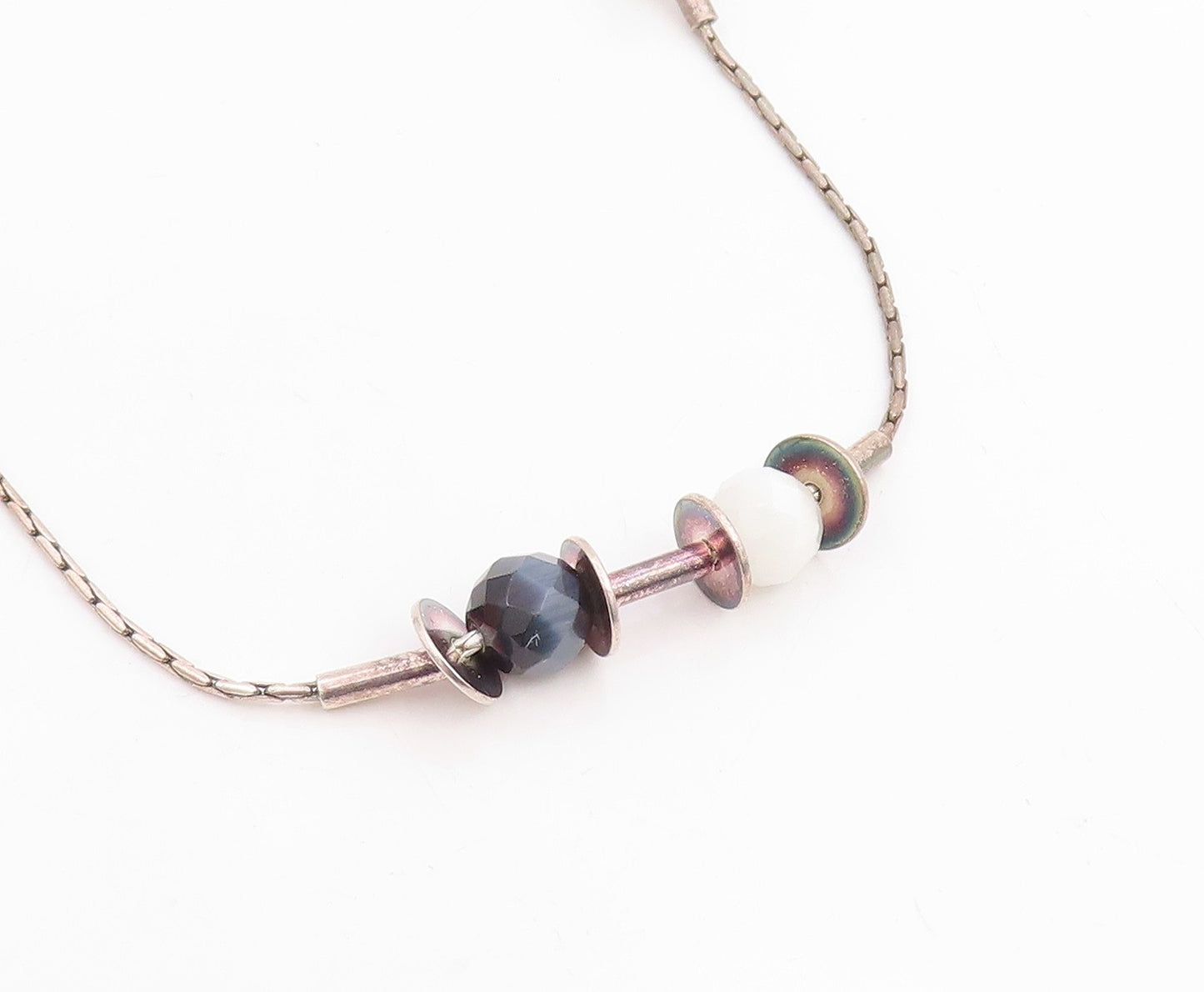 925 Sterling Silver Vintage Necklace Modernist Faceted Quartz Bead Chain  NE4804