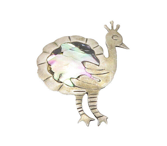 MEXICO 925 Sterling Silver  Vintage Abalone Shell Peacock Brooch Pin  BP6878