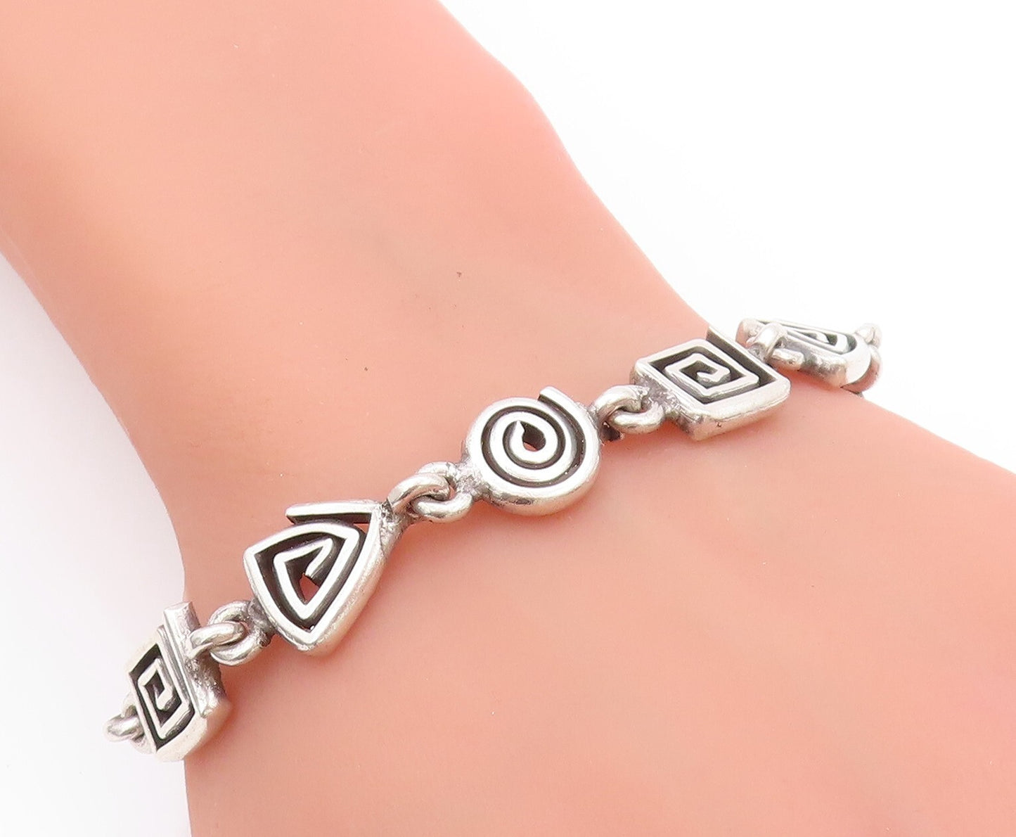 925 Sterling Silver Vintage Bracelet Spiral Square & Triangle Maze Cut  BT11119