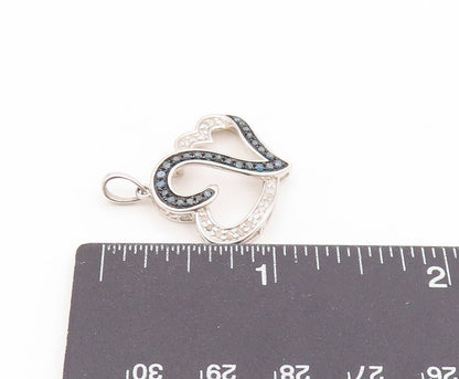 925 Sterling Silver Vintage Pendant Genuine Blue & White Diamonds Heart  PT25825