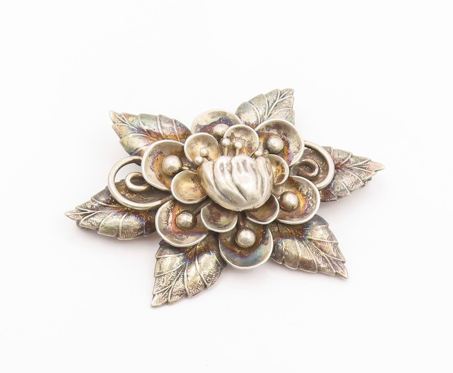 925 Sterling Silver Vintage Brooch Pin Carved Lotus Flower Blossom Motif BP12503