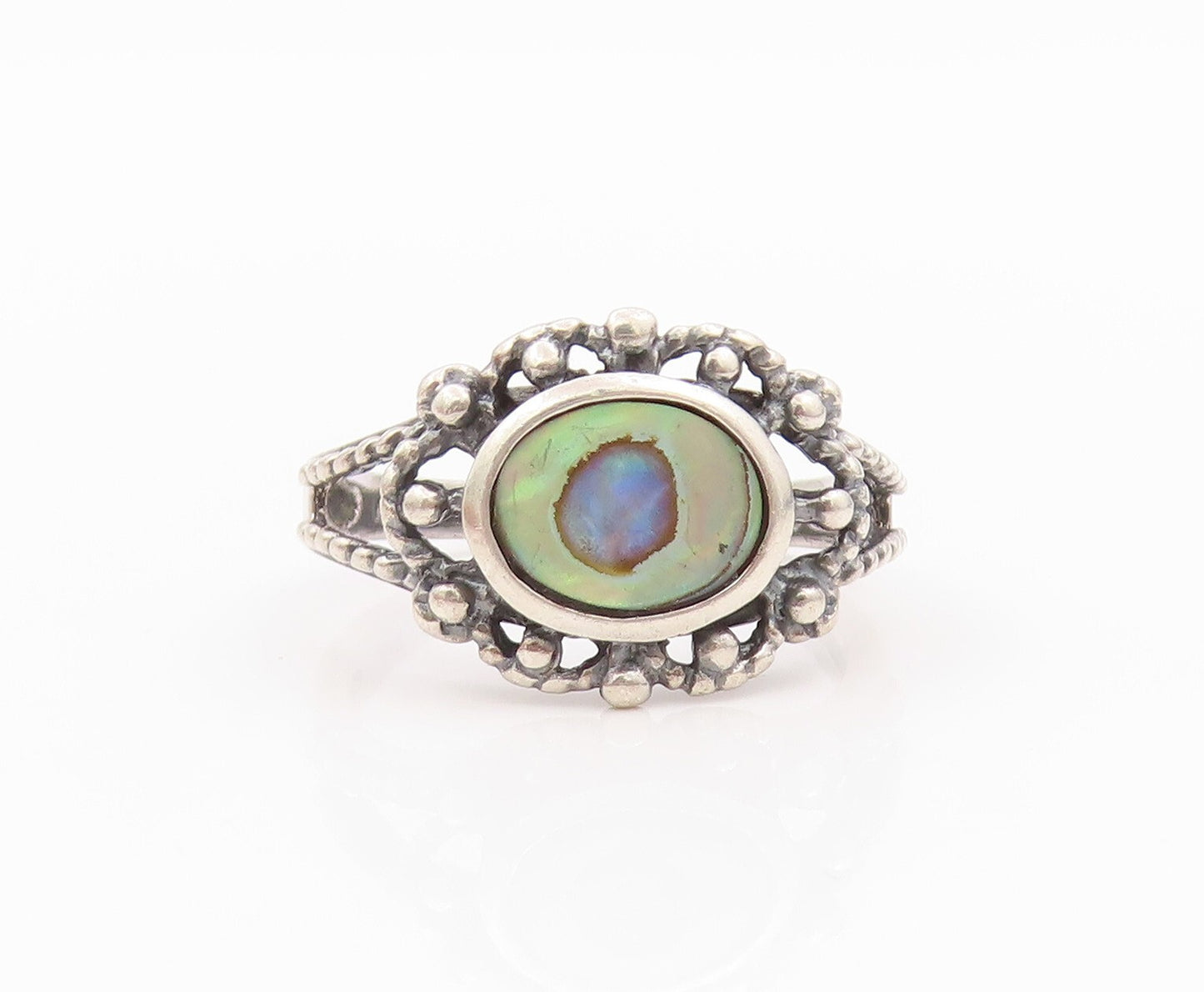 925 Sterling Silver Vintage Ring Antique Dark Tone Cutout Abalone  Sz 8  RG31780