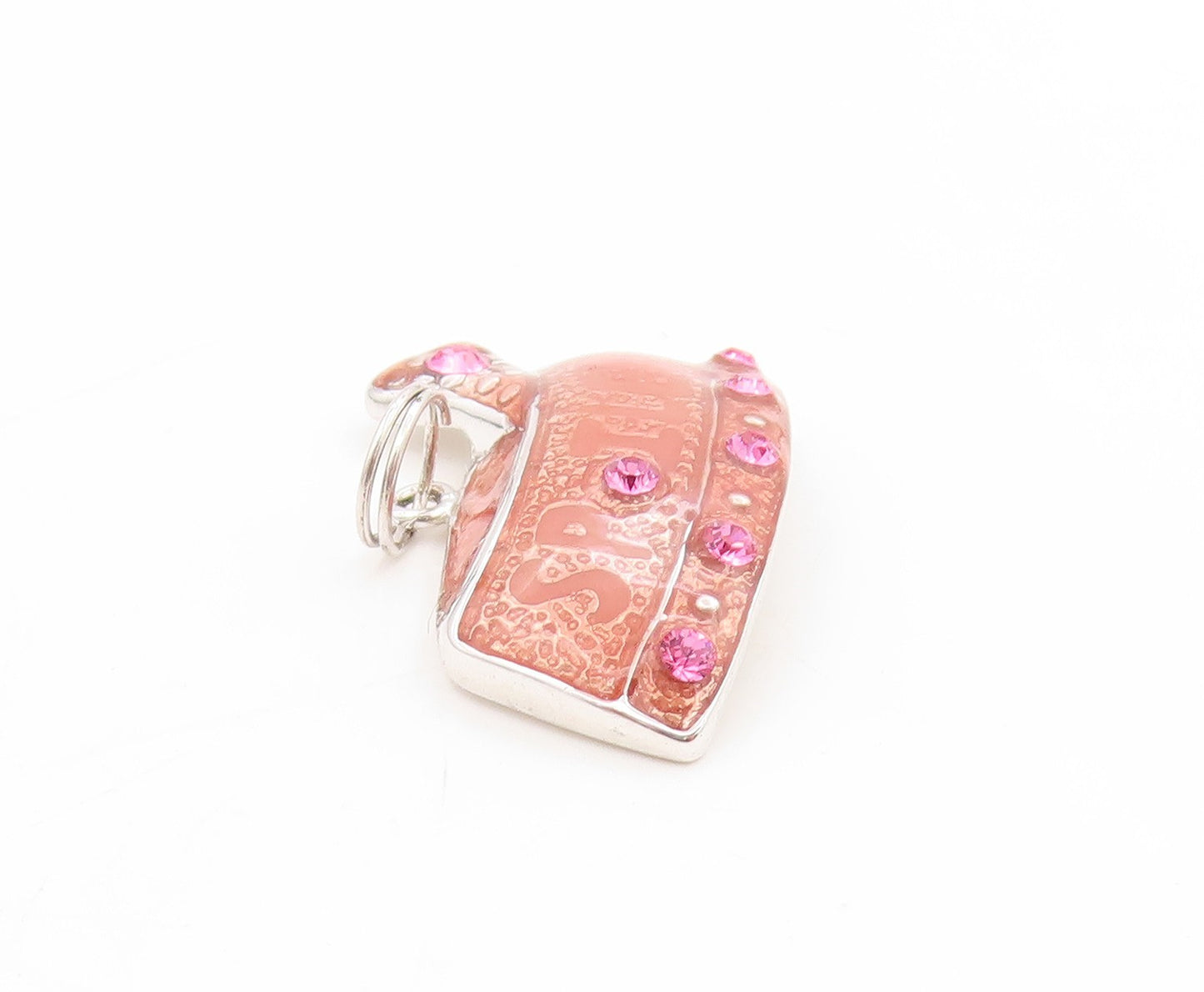 925 Sterling Silver Vintage Pendant Pink Topaz Enameled Spoiled Pet Tag  PT25434