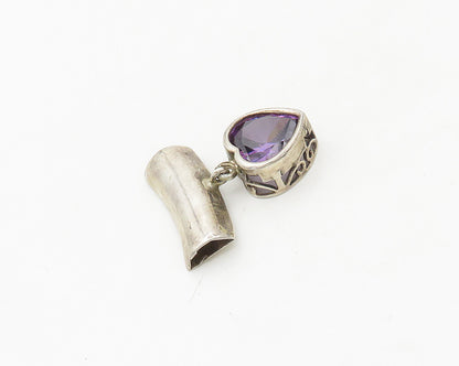925 Sterling Silver  Vintage Amethyst Love Heart Shiny Slide Pendant  PT14538