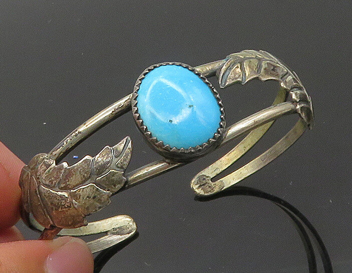 SOUTHWESTERN 925 Silver Vintage Turquoise Floral Leaf Cuff Bracelet BT8208