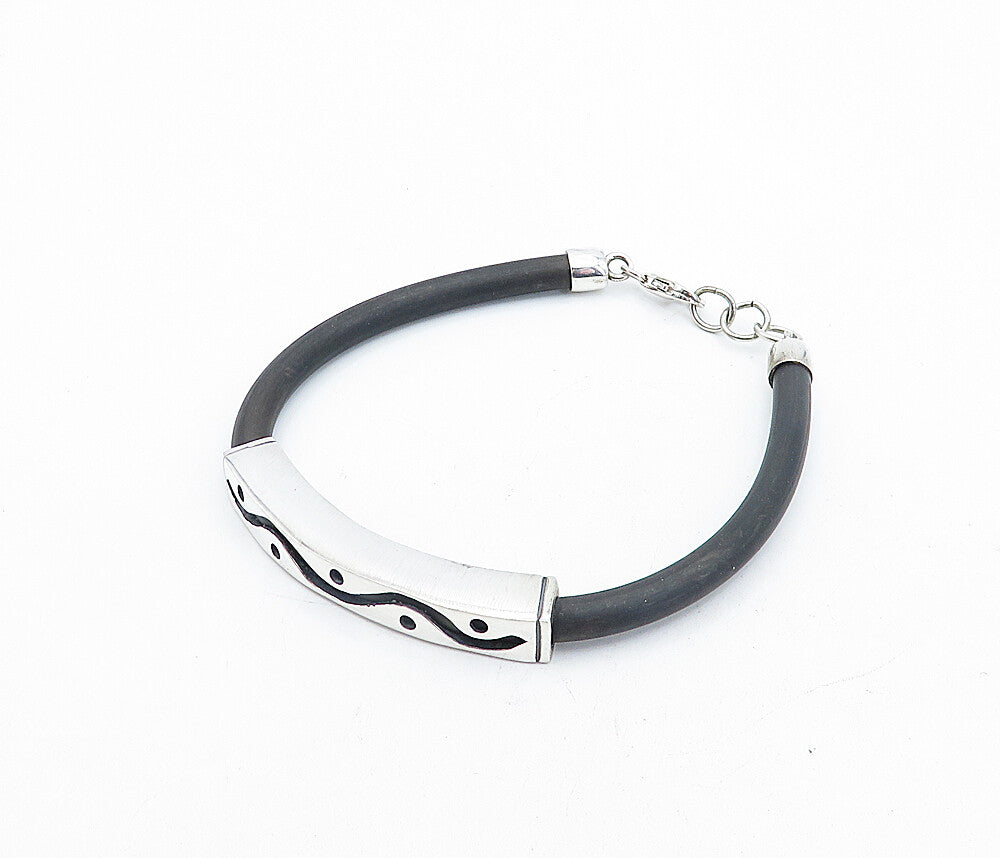 925 Sterling Silver  Swirl Dot Cutout Design Flexible Rubber Bracelet  BT1475
