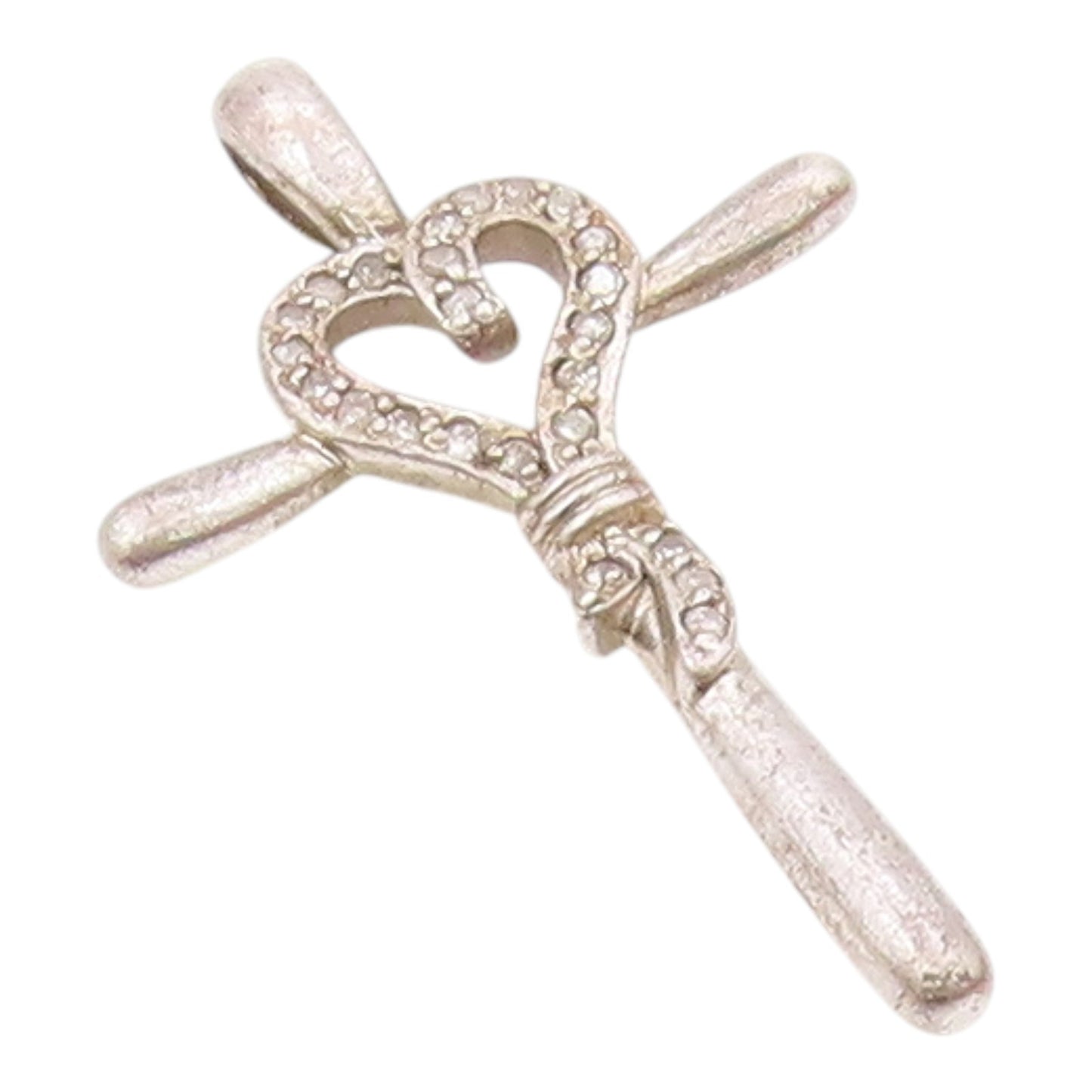 925 Sterling Silver  Vintage Genuine Diamonds Heart Cross Pendant  PT17912