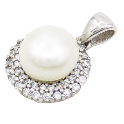 925 Sterling Silver  Vintage Freshwater Pearl & Cubic Zirconia Pendant PT14883