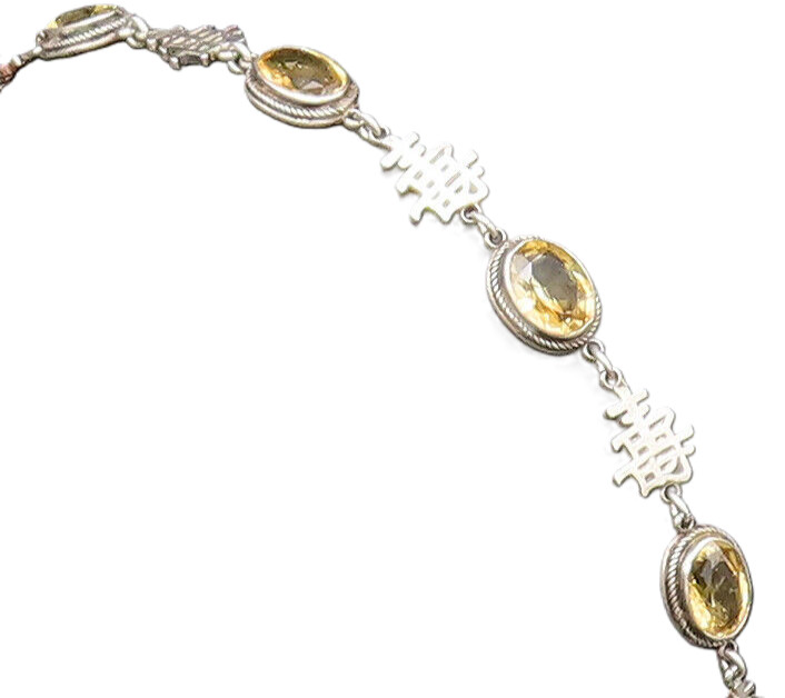 925 Silver  Vintage Oval Citrine & Chinese Character Chain Bracelet  BT9762