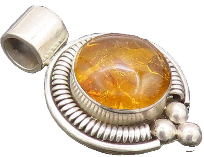 925 Sterling Silver Vintage Pendant MEXICO Honey Amber Halo Coiled Rope  PT22529