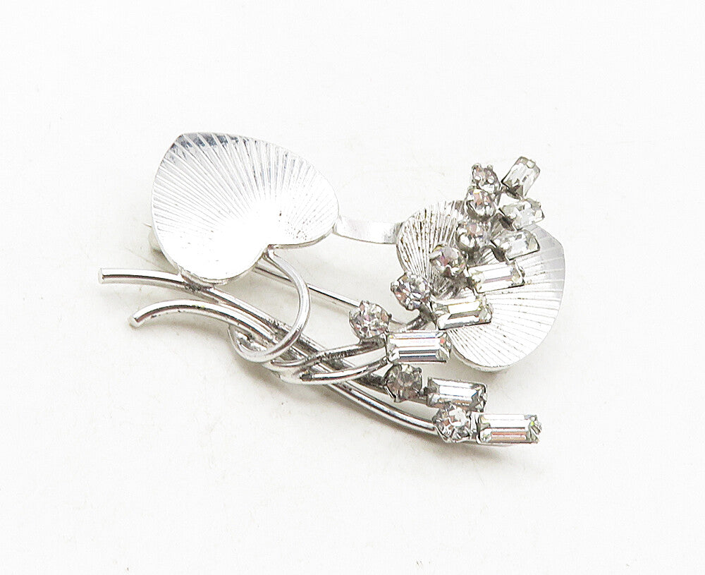 CARL ART 925 Silver  Vintage Cubic Zirconia Floral Hearts Brooch Pin  BP3574