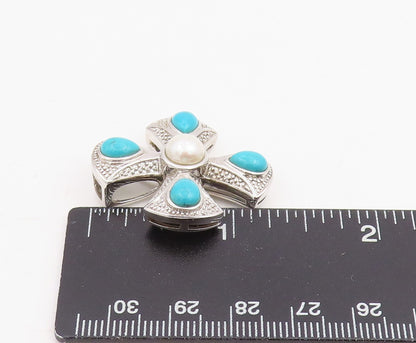 925 Sterling Silver Vintage Pendant Pearl & Turquoise Maltese Cross  PT25862