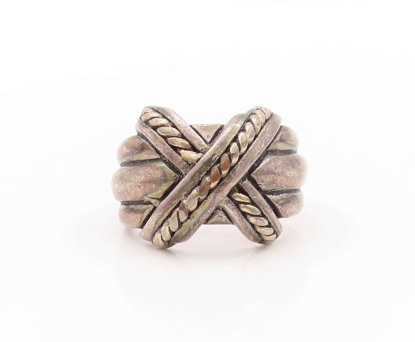 925 Sterling Silver Vintage Ring Dark Tone Roped Cross Carved  Sz 8  RG32652
