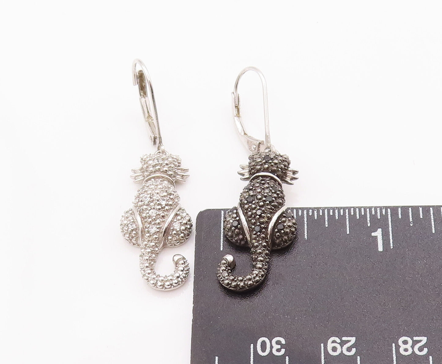 925 Sterling Silver Vintage Earrings Two Tone Diamonds Sitting Cats  EG12969