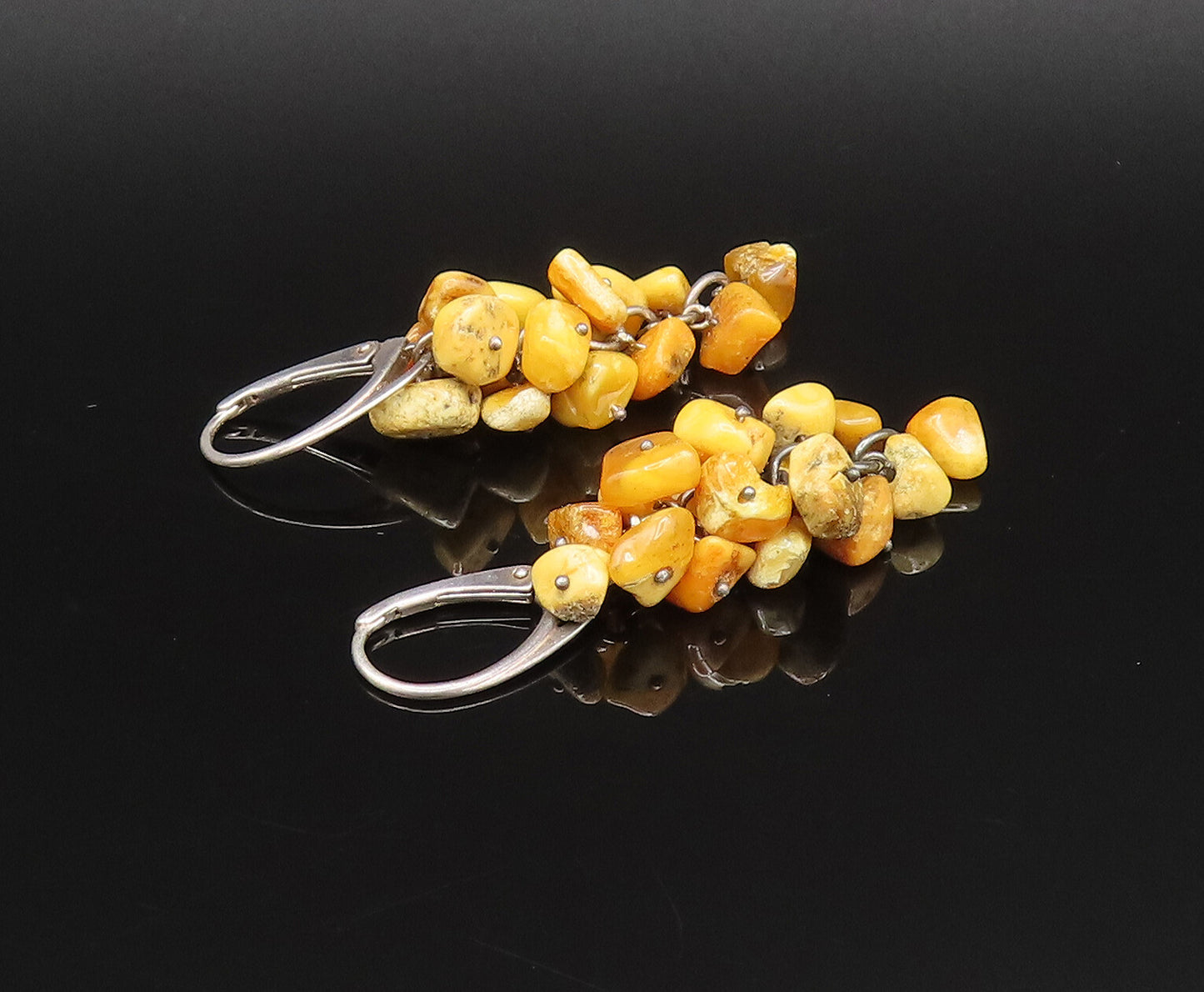 925 Sterling Silver  Vintage Yellow Jasper Cluster Dangle Earrings  EG12011