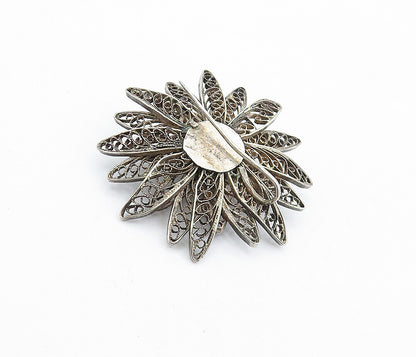 925 Sterling Silver  Vintage Lapis Lazuli Filigree Flower Brooch Pin  BP1646