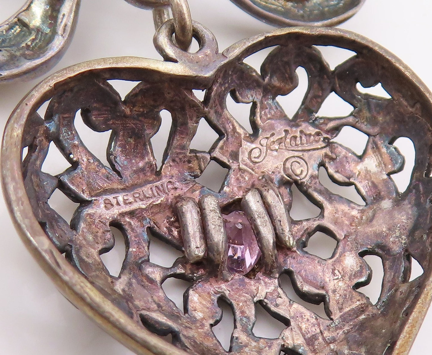 925 Sterling Silver Vintage Brooch Pin JEZLAINE Pink Topaz Heart & Bow  BP12337