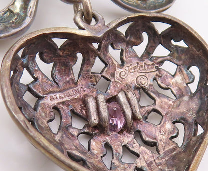 925 Sterling Silver Vintage Brooch Pin JEZLAINE Pink Topaz Heart & Bow  BP12337