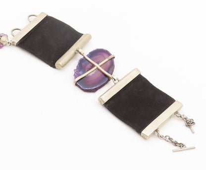 925 Sterling Silver Vintage Natural Amethyst Large Stone Bracelet BT9883