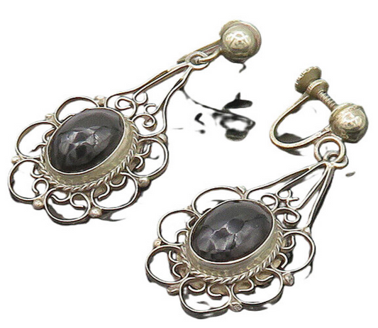 MEXICO 925 Silver  Vintage Black Onyx Floral Non Pierce Earrings  EG10507