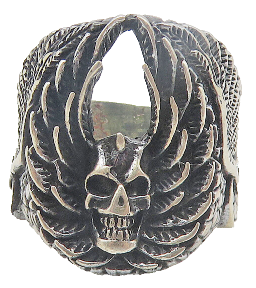 925 Sterling Silver  Vintage Skull With Wings Band Ring Sz 10.5  RG11245