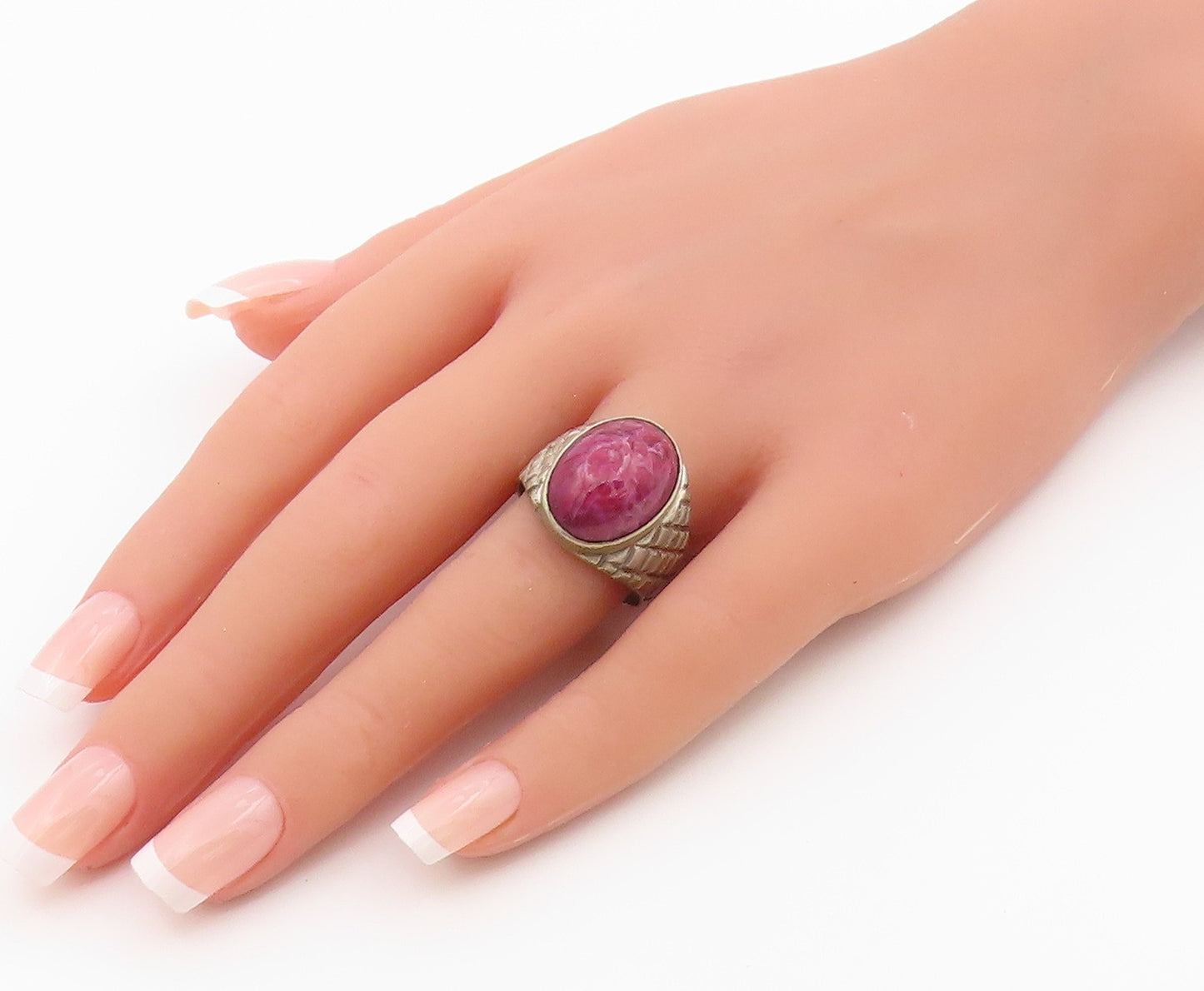 925 Sterling Silver Vintage Ring Cabochon Ruby Statement Band  Sz 10  RG36458
