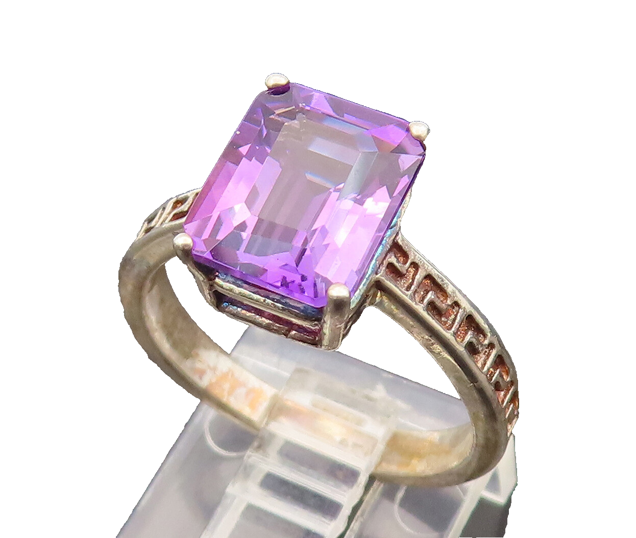 925 Silver  Vintage Rectangle Amethyst Greek Key Shank Ring Sz 7  RG26485