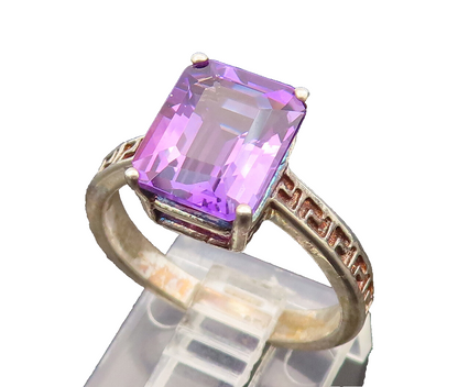 925 Silver  Vintage Rectangle Amethyst Greek Key Shank Ring Sz 7  RG26485