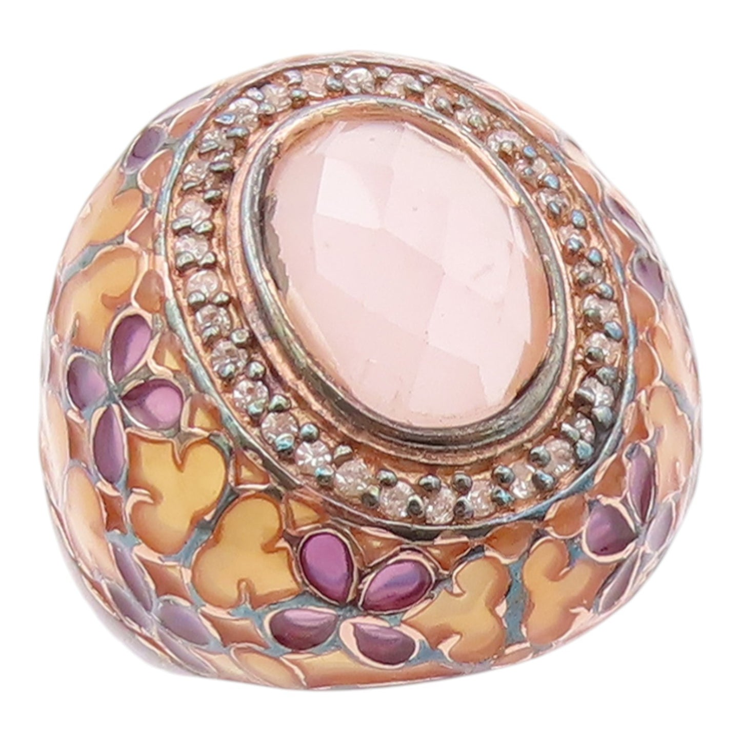 925 Sterling Silver Vintage Ring Floral Enamel Rose Quartz Band  Sz 8.5  RG36384