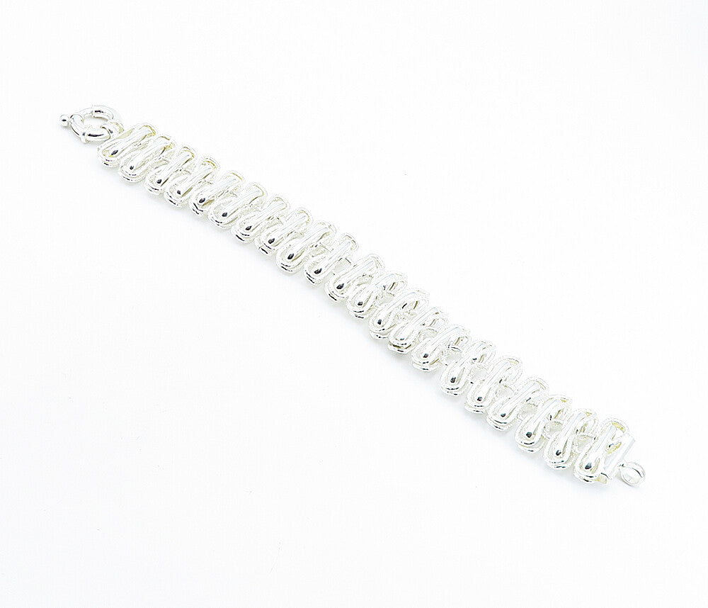 925 Sterling Silver  Shiny Polished Textured Link Chain Bracelet  BT2273