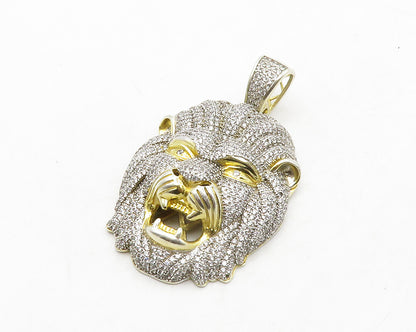 925 Sterling Silver  Shiny Cubic Zirconia Lion's Head 2 Tone Pendant  PT10358