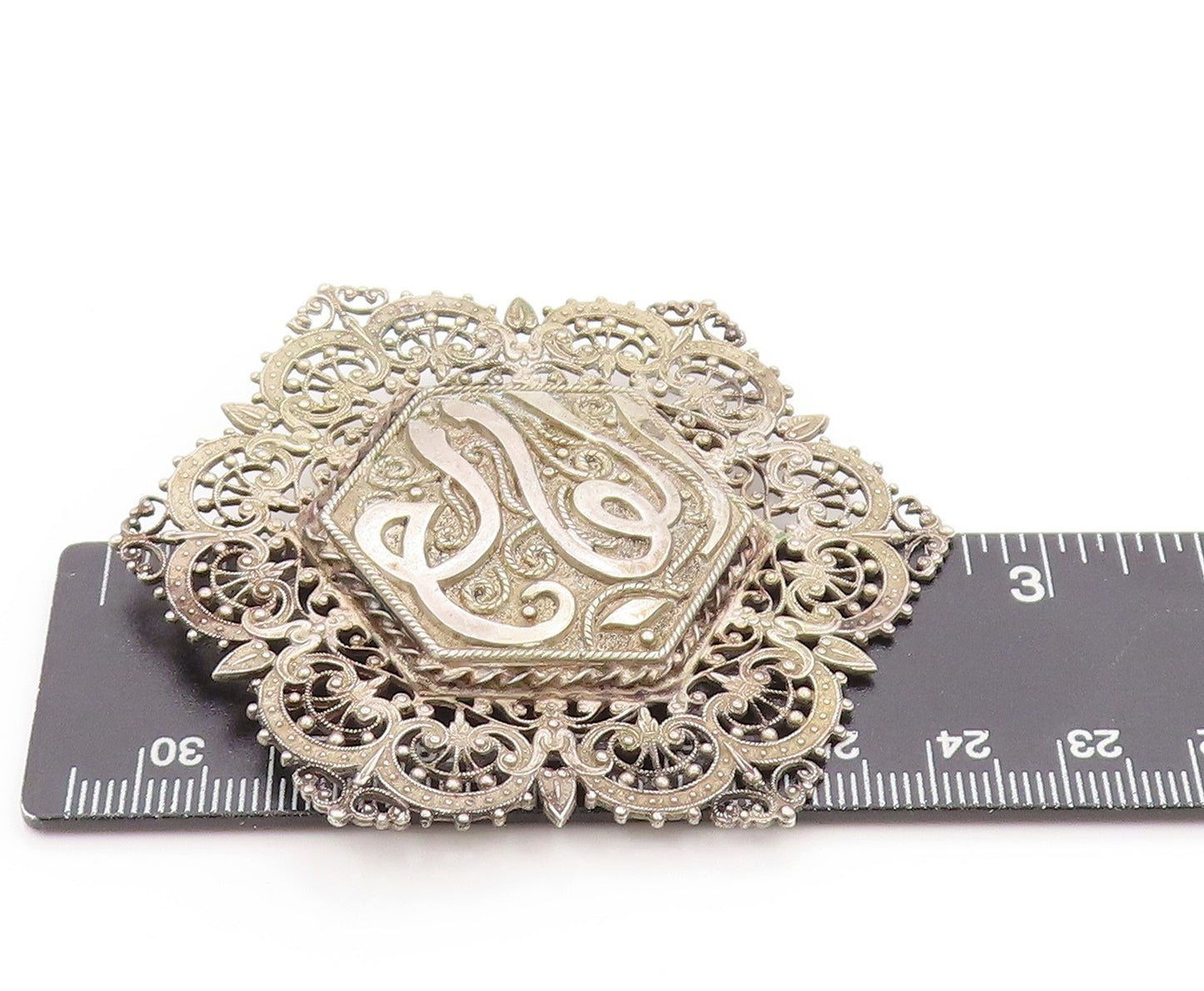 925 Sterling Silver Vintage Brooch Arabic Calligraphy Filigree Design  BP11900
