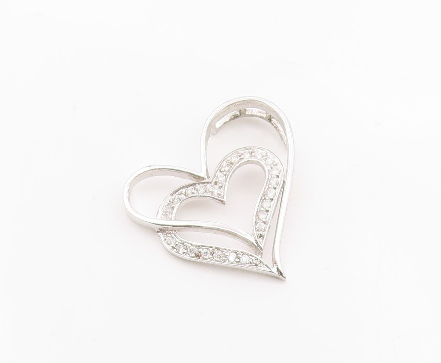 925 Sterling Silver  Vintage Shiny Topaz Open Love Hearts Pendant  PT18904
