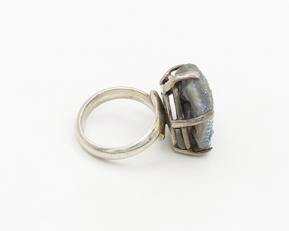 925 Sterling Silver  Vintage Blue Druzy Stone Cocktail Ring Sz 8  RG18196