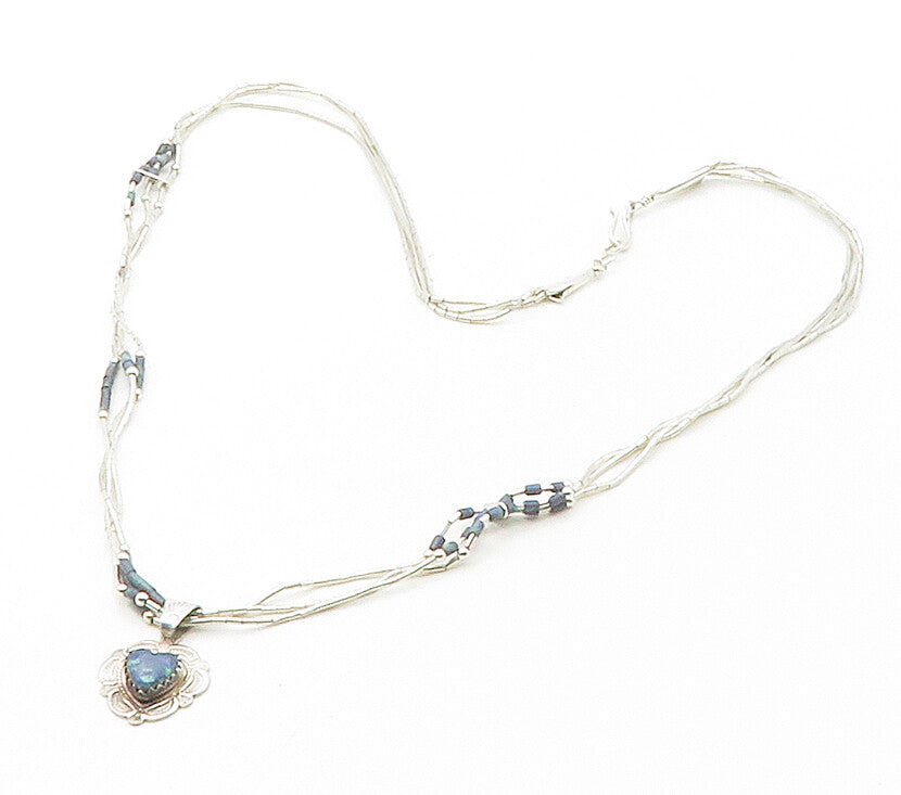 NAVAJO 925 Silver Vintage Azurite Shiny Multi Strand Chain Necklace NE2678